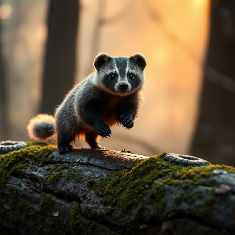 Honey Badger Mid-leap Across a Mossy