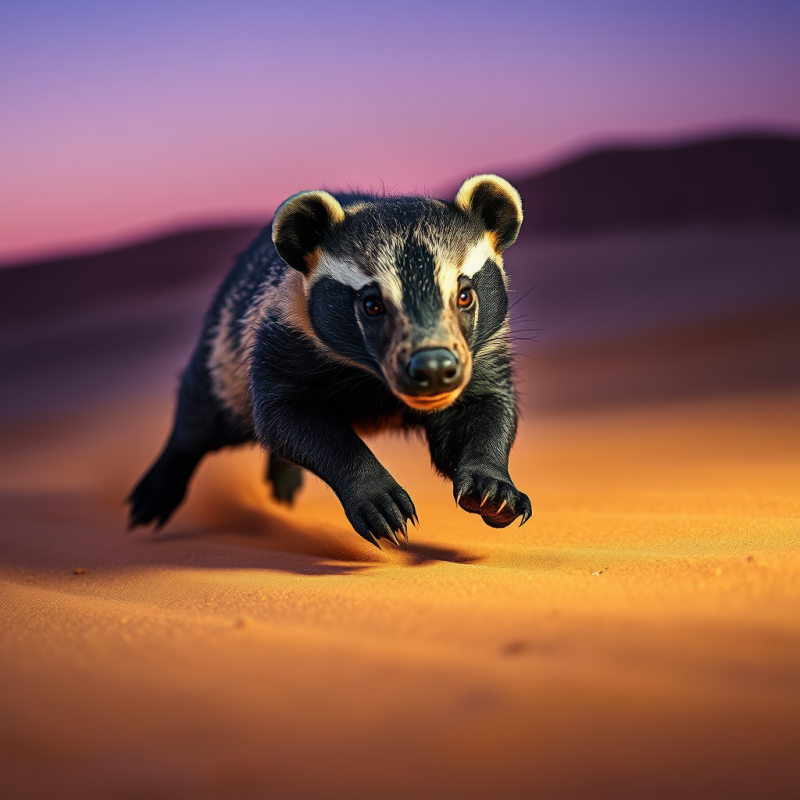 Honey Badger Mid-sprint Across a Golden Dune at Twilight