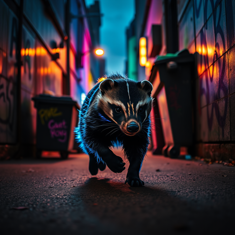 Honey Badger Mid-stride Through a Neon-tinged Urban All...