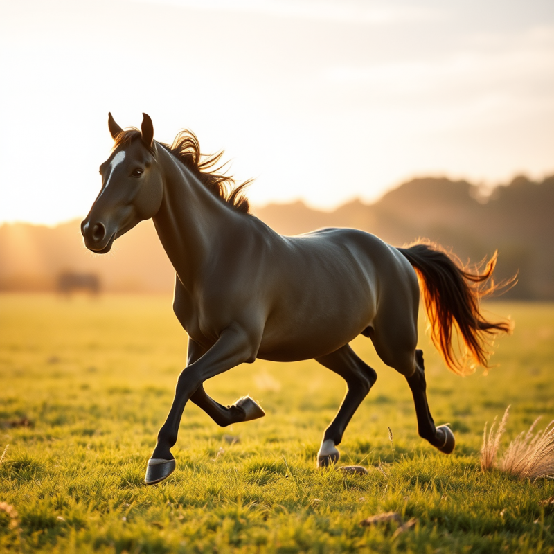 Horse Running Free in Open Meadow at Golden Hour