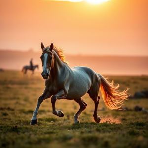 Horse Running Free In Open Meadow At Golden Hour