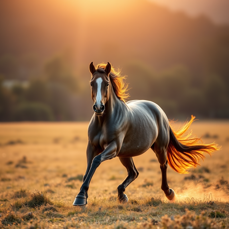 Horse Running Free in Open Meadow at Golden Hour