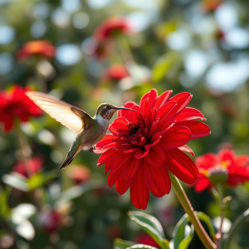 Hummingbird Hovering at Vibrant Red Flower