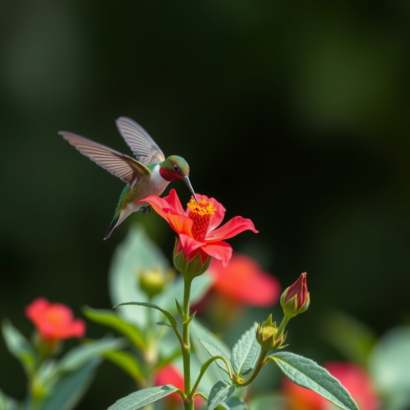 Hummingbird Hovering at Vibrant Red Flower