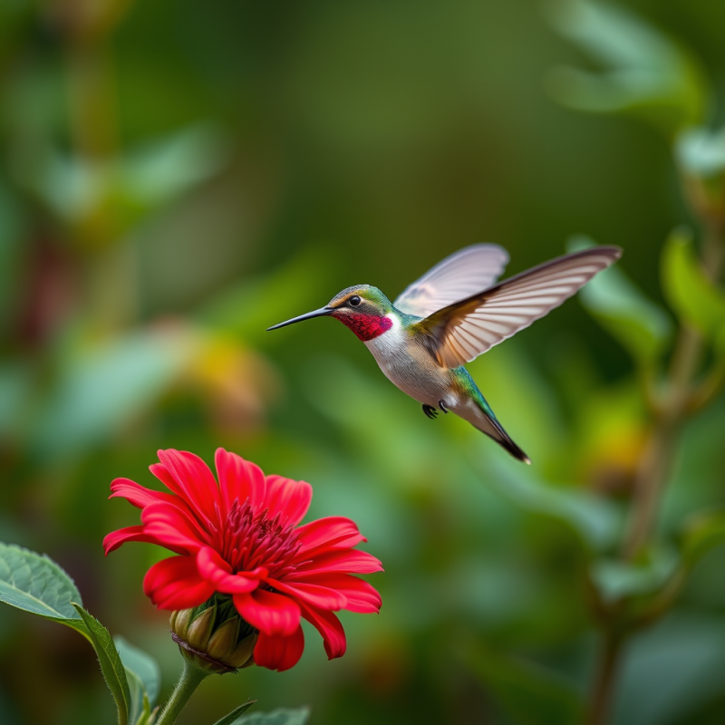 Hummingbird Hovering at Vibrant Red Flower