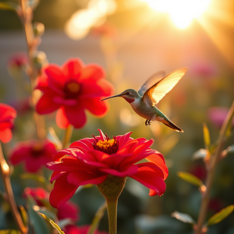 Hummingbird Hovering at Vibrant Red Flower