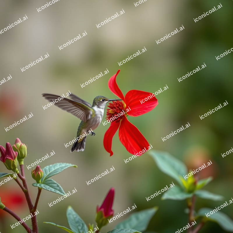 Hummingbird Hovering At Vibrant Red Flower
