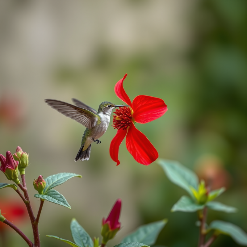 Hummingbird Hovering at Vibrant Red Flower