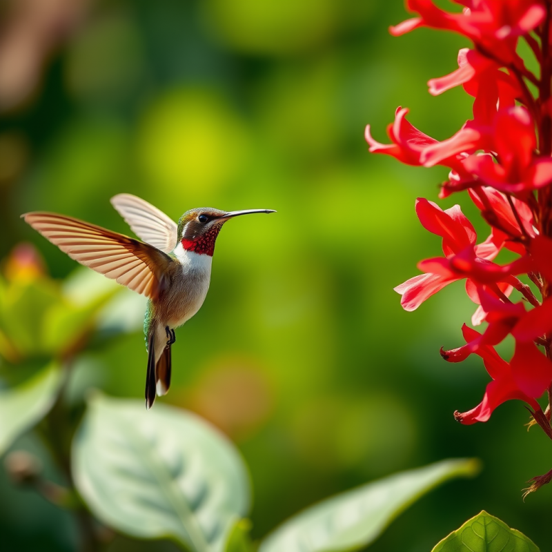 Hummingbird Hovering at Vibrant Red Flower