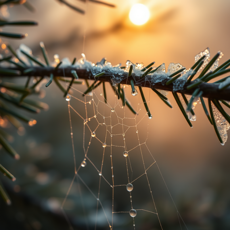 Hyper-detailed Macro Shot of Dew-covered Spider Silk St...