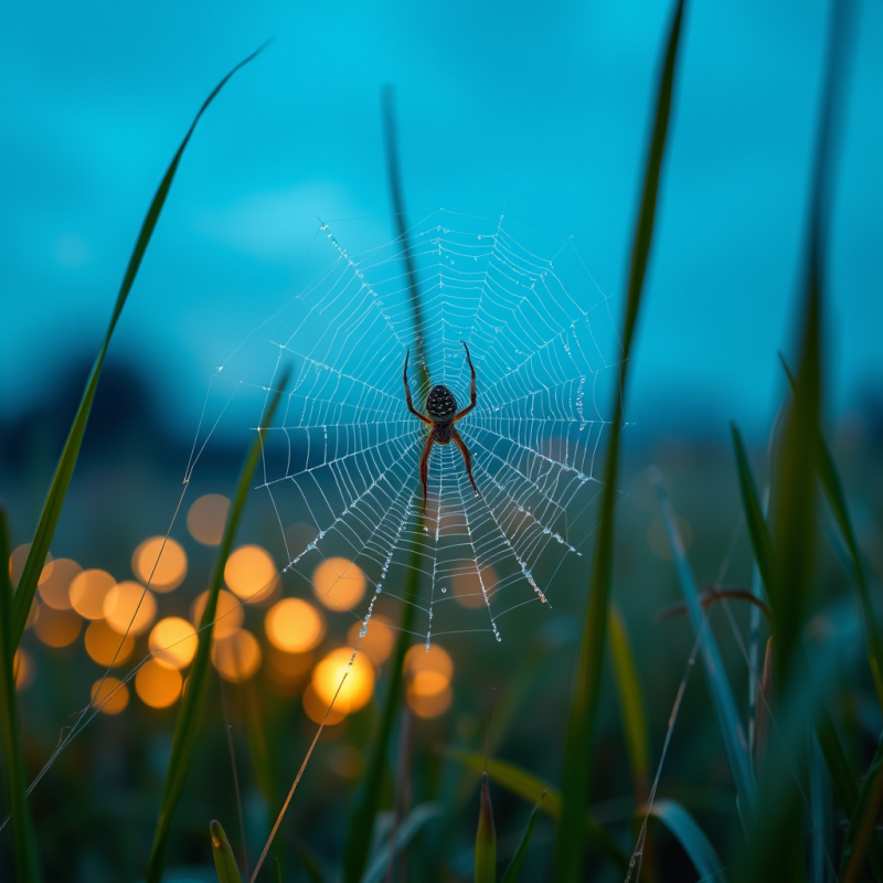 Hyper-detailed Macro Shot of Dew-covered Spiderwebs Glo...