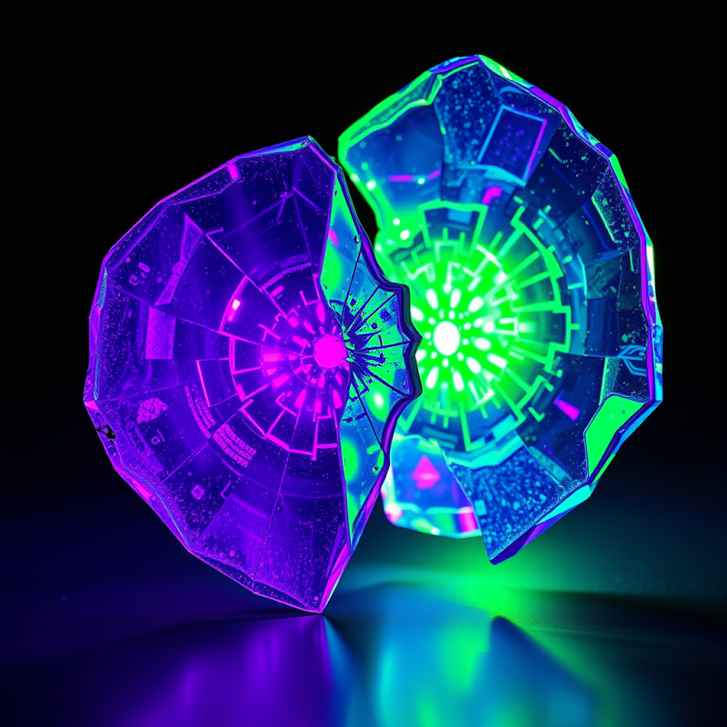 Hyper-detailed Macro Shot of Fractured Neon-lit Glass S...