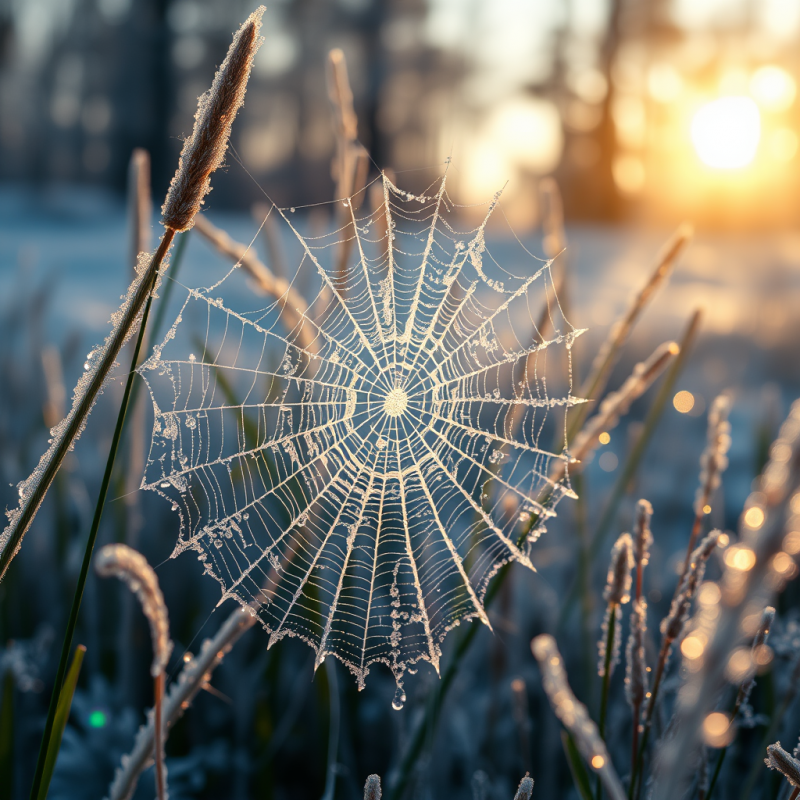 Hyper-detailed Macro Shot of Frost-etched Spiderweb Gli...