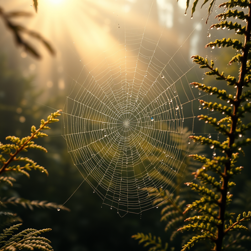 Hyper-realistic Close-up of Dew-drenched Spiderwebs Gli...
