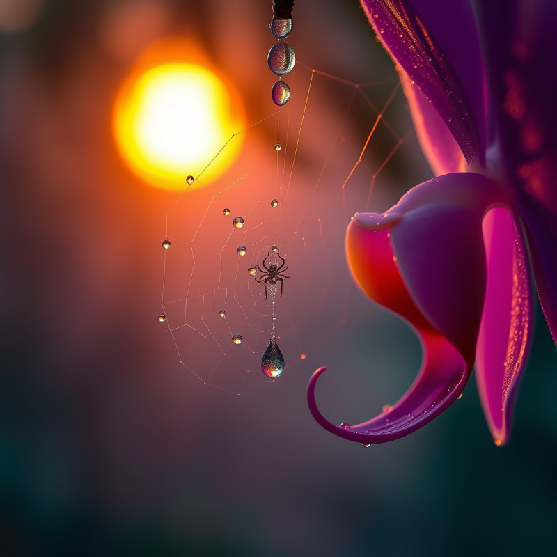 Hyper-realistic Macro Shot of a Single Dew-kissed Spide...