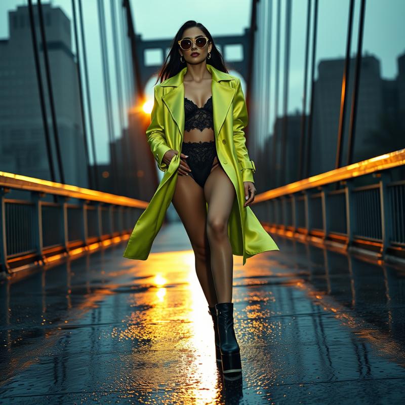 Hyper-stylized Model Mid-stride on a Rain-slicked Urban...