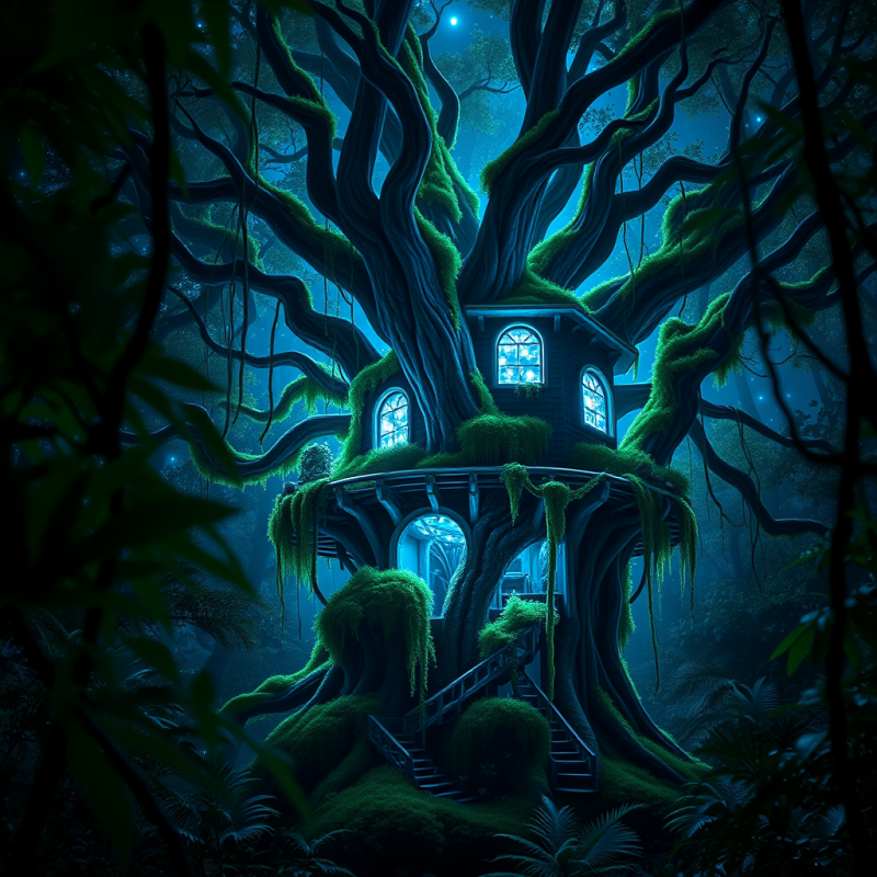 Hyperrealistic Illustration of a Sentient Treehouse Nes...