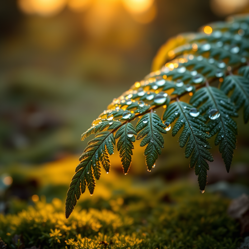 Hyperrealistic Macro Shot of Dew-covered Fern Fronds Gl...