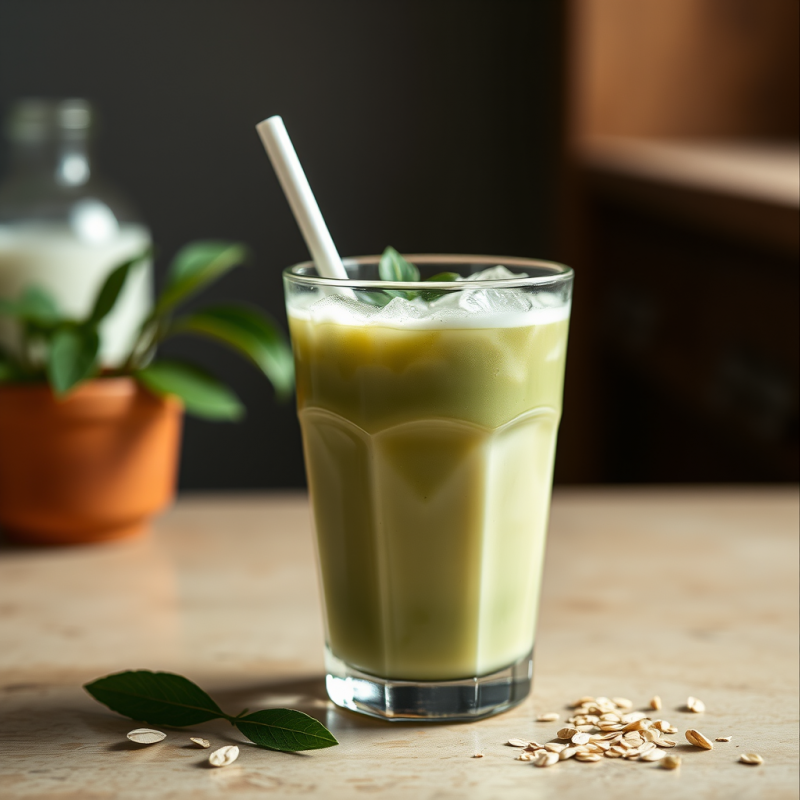 Iced Matcha Latte in Glass with Oat Milk Refreshing