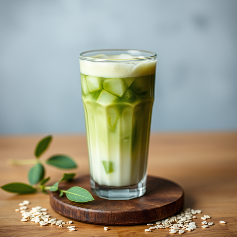 Iced Matcha Latte in Glass with Oat Milk Refreshing