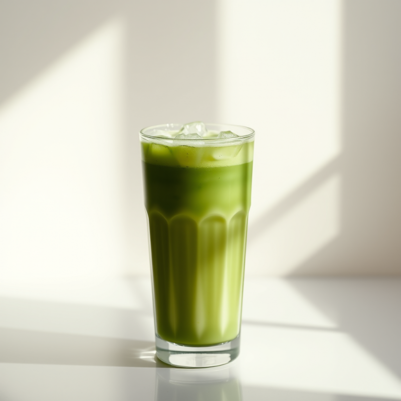 Iced Matcha Latte in Glass with Oat Milk Refreshing