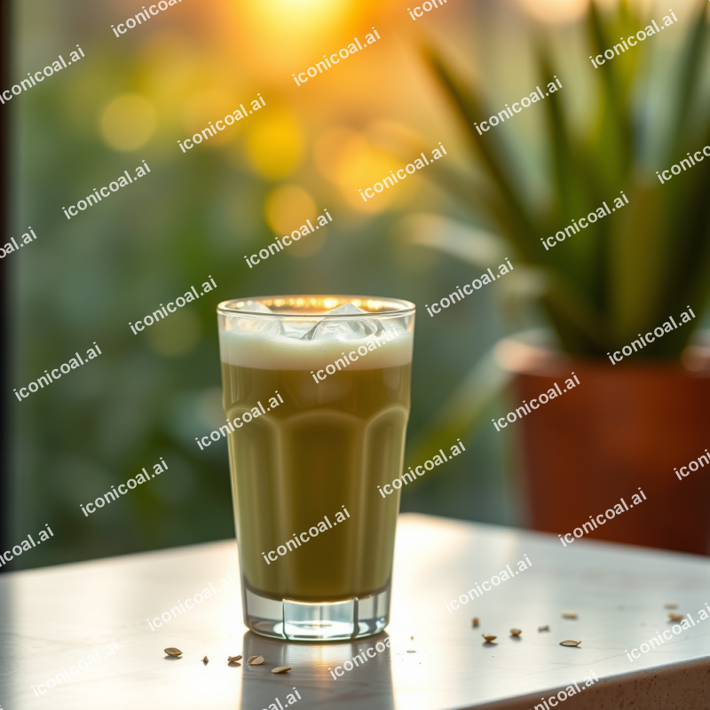 Iced Matcha Latte In Glass With Oat Milk Refreshing