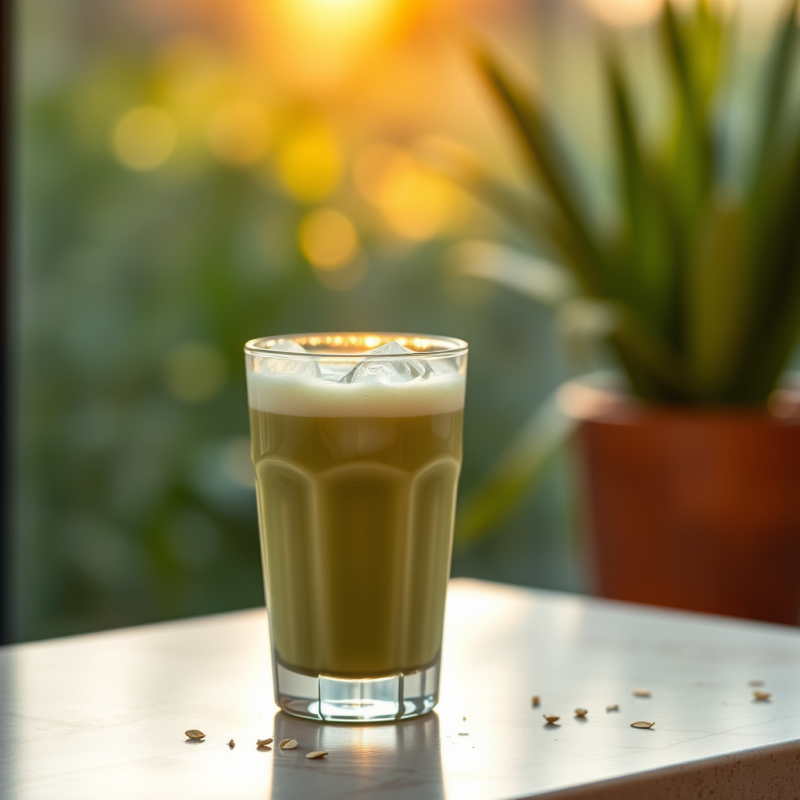 Iced Matcha Latte in Glass with Oat Milk Refreshing