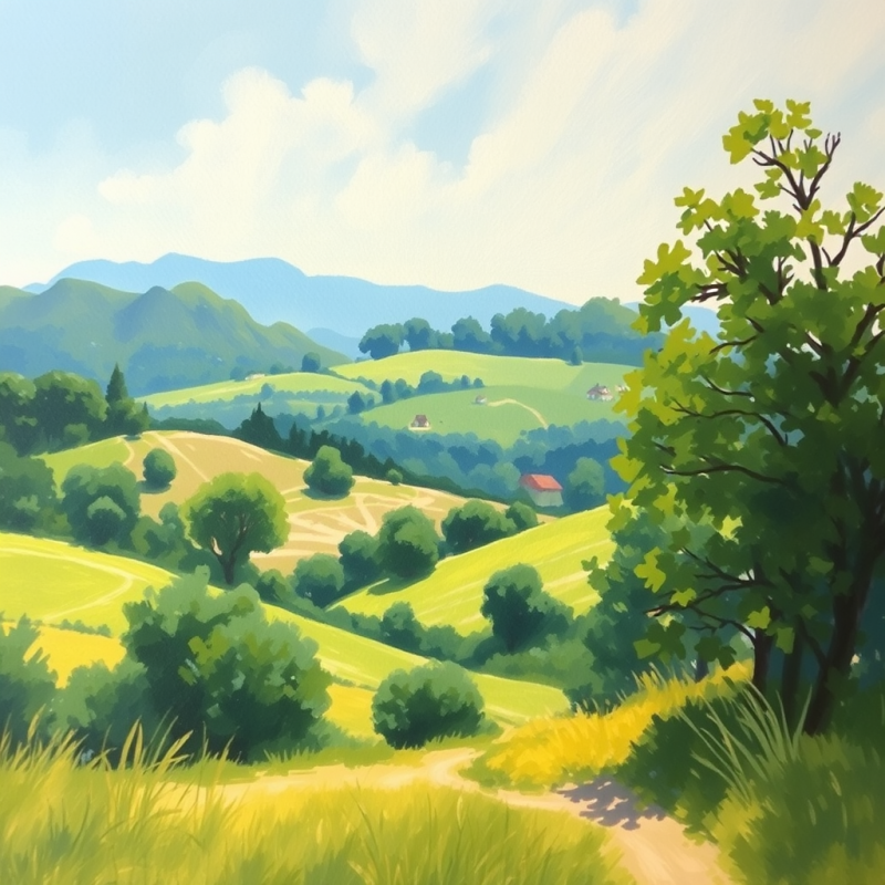 Impressionist Style Landscape Painting of Countryside