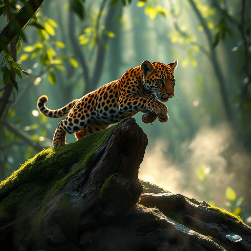 Jaguar Cub Mid-leap Across a Moss-draped Tree Root in T...