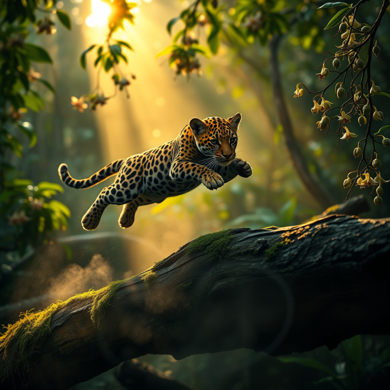 Jaguar Cub Mid-leap Over a Moss-covered Fallen Log in A...
