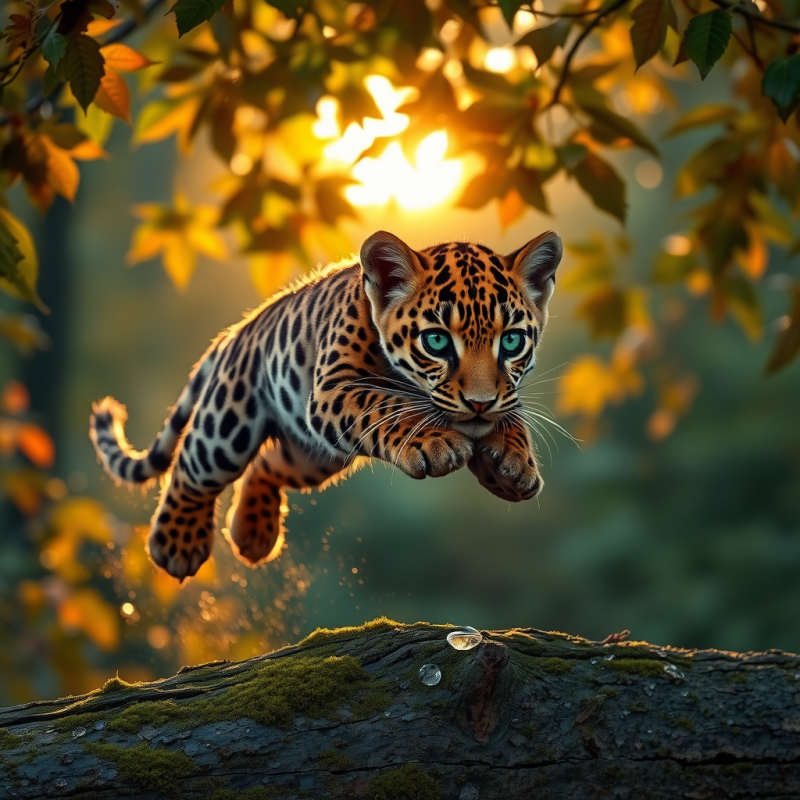 Jaguar Cub with Emerald-green Eyes Pounces Mid-air Thro...