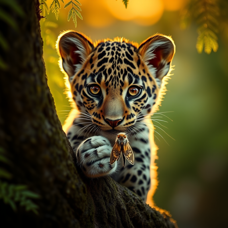Jaguar Cub with Moss-green Fur and Golden Eyes Peeks Fr...