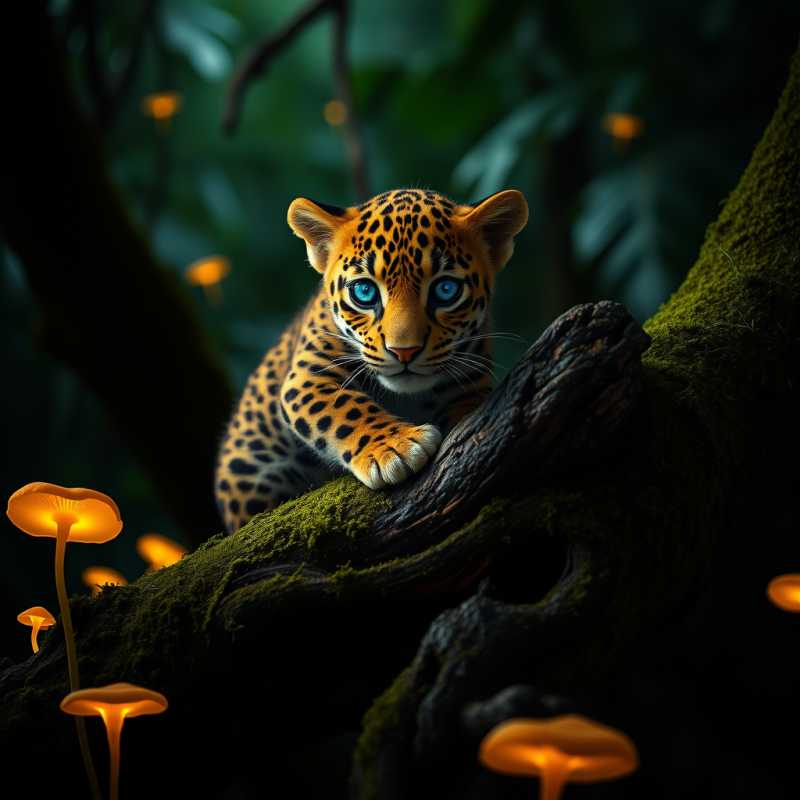 Jaguar Cub with Starry-blue Eyes Perches Atop a Moss-dr...