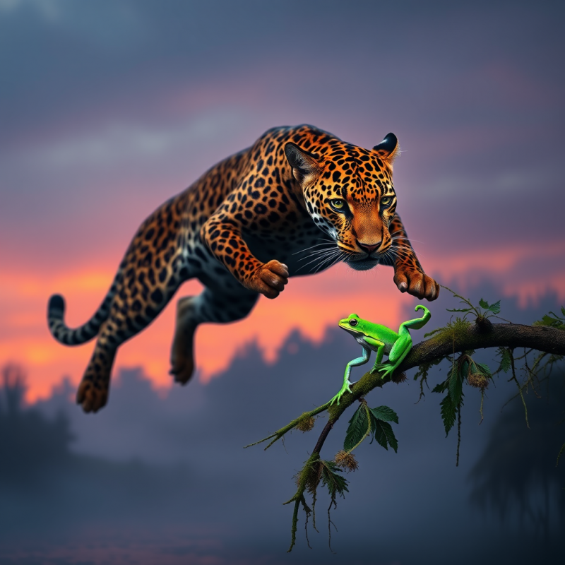 Jaguar with Golden-amber Fur and Piercing Green Eyes Cr...