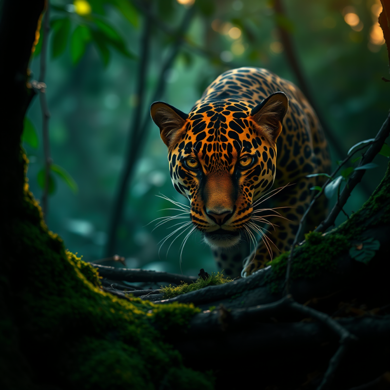 Jaguar’s Golden Eyes Glow with Intense Focus as It Cr...