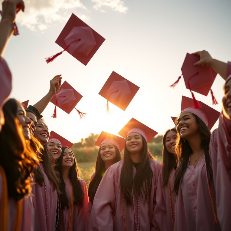 Joyful Group of Graduates in Pink Gowns Toss Their