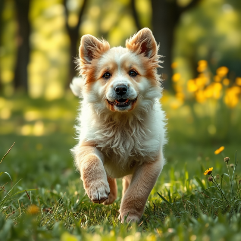 Joyful Puppy Running Through Sunlit Grass