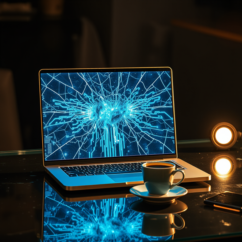 Laptop Displays a Glowing Blue Digital Explosion on