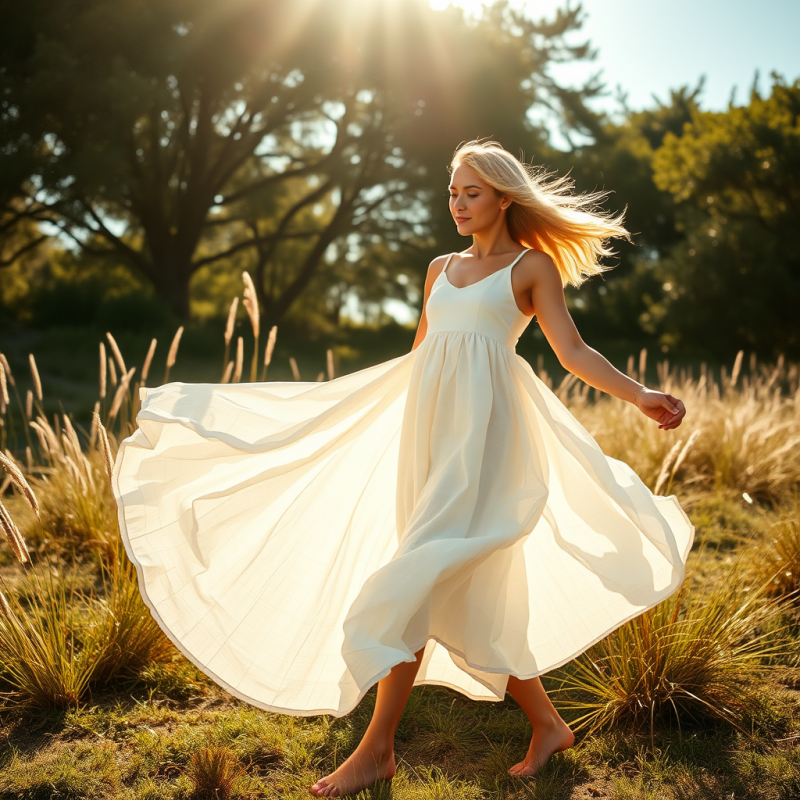 Linen Summer Dress Flowing in Breeze Outdoor Fashion