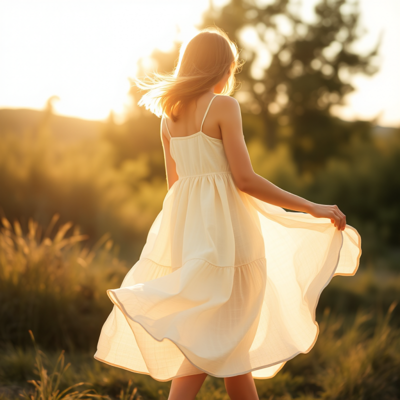 Linen Summer Dress Flowing in Breeze Outdoor Fashion
