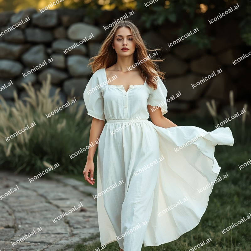 Linen Summer Dress Flowing In Breeze Outdoor Fashion