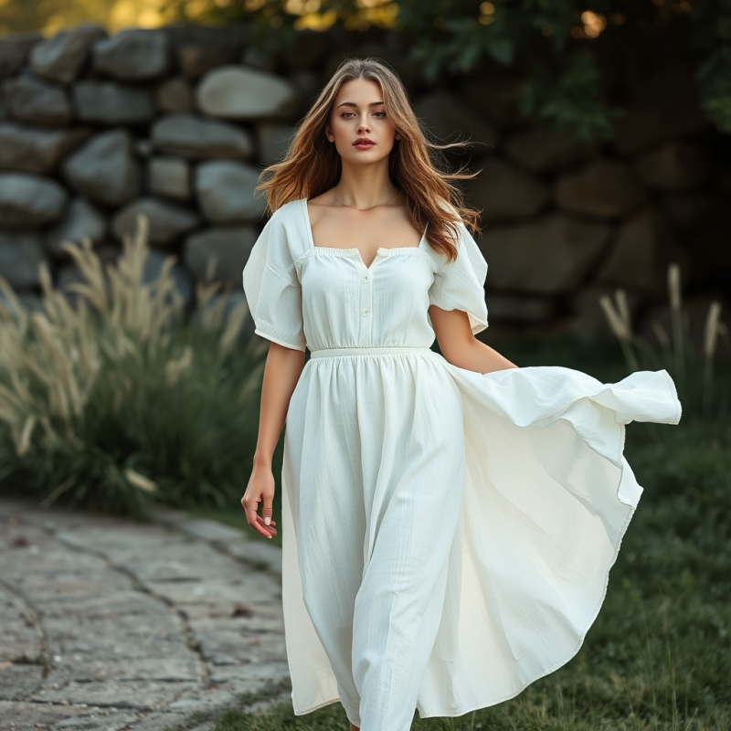 Linen Summer Dress Flowing in Breeze Outdoor Fashion