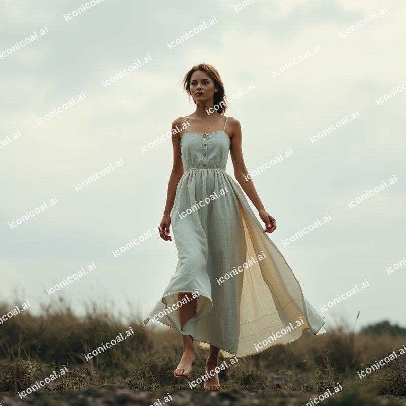 Linen Summer Dress Flowing In Breeze Outdoor Fashion