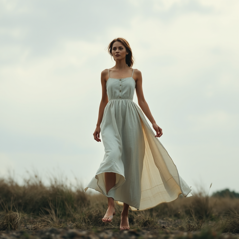 Linen Summer Dress Flowing in Breeze Outdoor Fashion