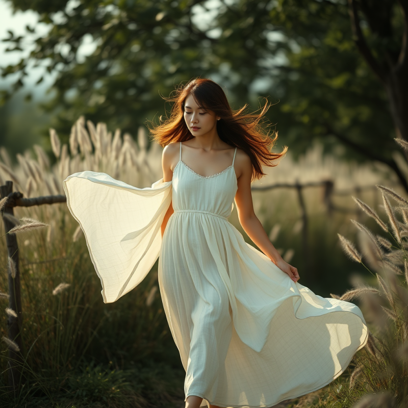 Linen Summer Dress Flowing in Breeze Outdoor Fashion