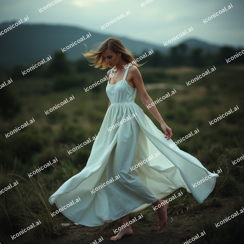 Linen Summer Dress Flowing In Breeze Outdoor Fashion