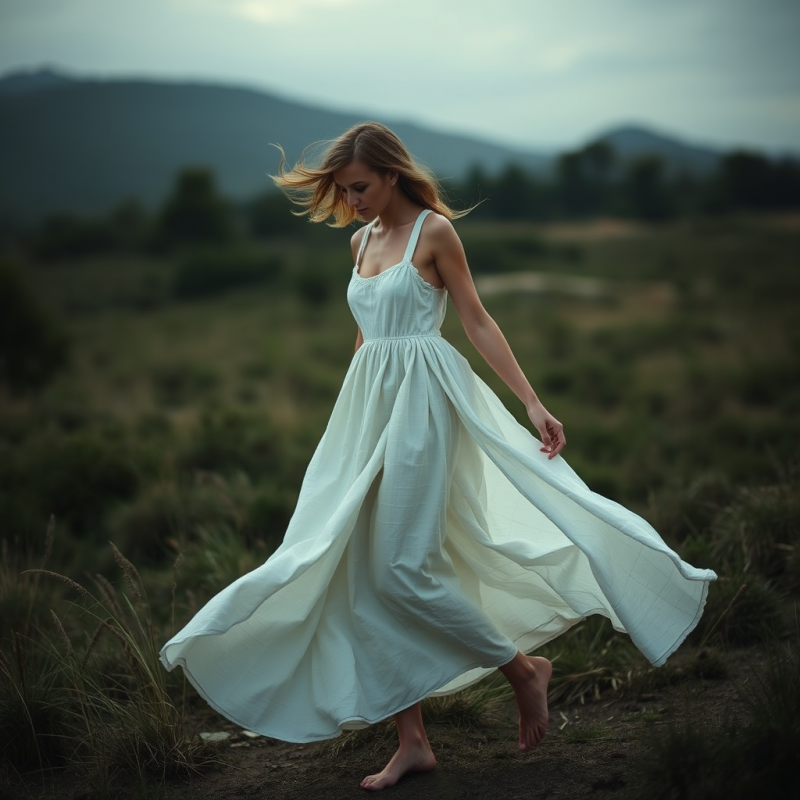 Linen Summer Dress Flowing in Breeze Outdoor Fashion