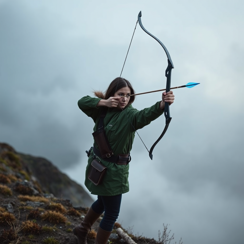 Lone Archer in a Moss-green Camo Jacket Draws Her Bow M...