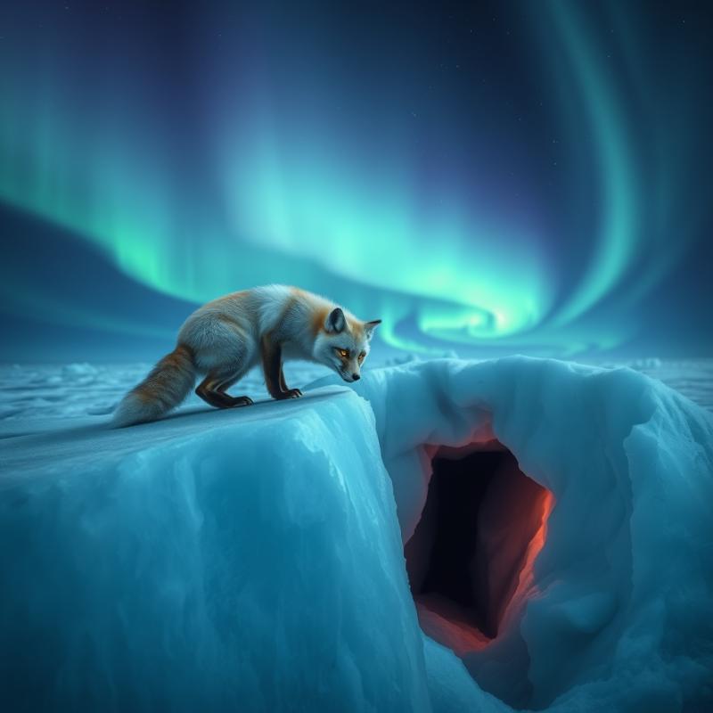 Lone Arctic Fox with Fur Streaked in Ice-blue and Coppe...