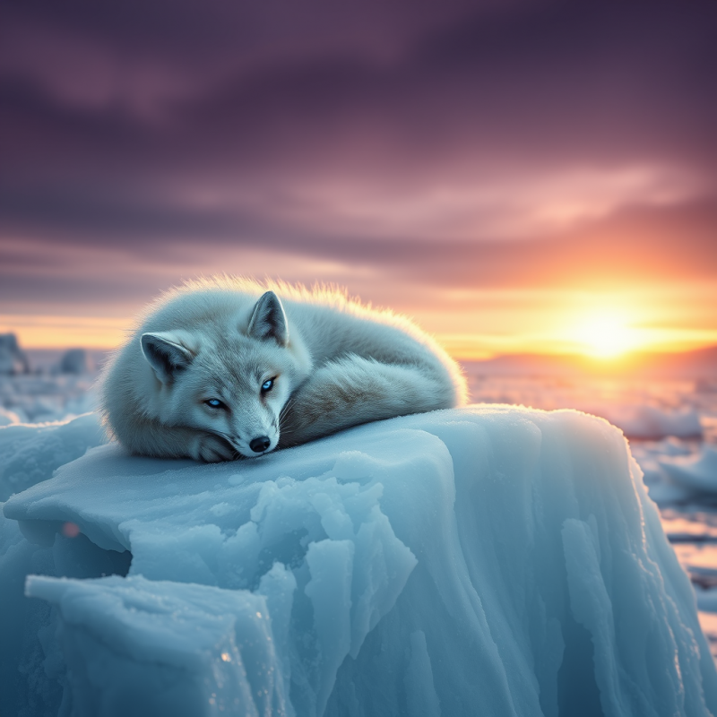 Snowy Fox at Sunset